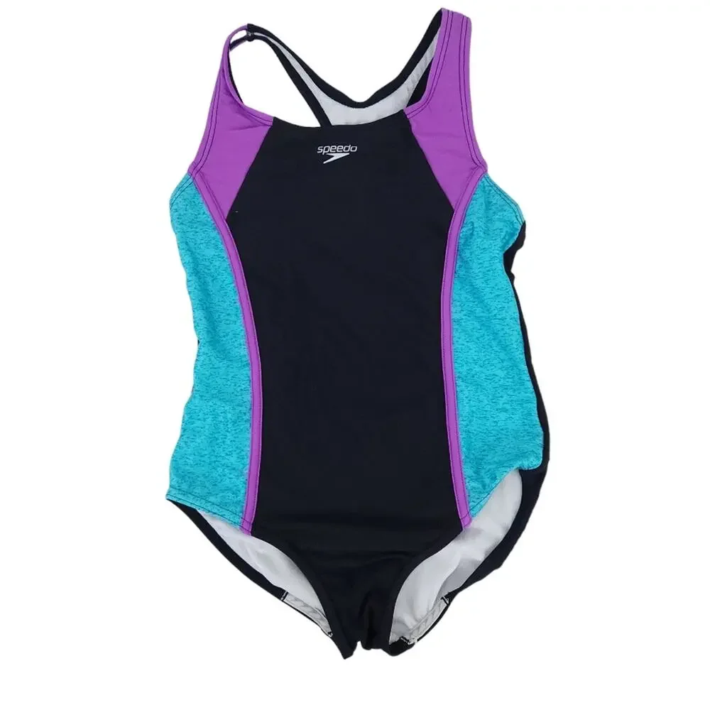 Speedo Girls One Piece Swimsuit Large Colorblock Black Blue Purple Bathing Suit